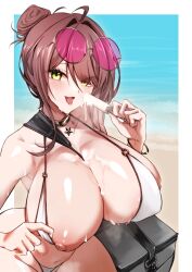 1girls beach big_breasts bikini breasts brown_hair female glasses green_eyes huge_breasts ice_cream ice_cream_on_breasts indie_virtual_youtuber miori_celesta mooninnkyuu nipple popsicle popsicle_melting solo suggestive_fluid suggestive_food sunglasses sunglasses_on_head tsunderia virtual_youtuber wide_hips