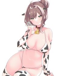 1girls ama_natuko armwear big_breasts big_hips bikni breasts brown_hair child_bearing_hips cow_ears cow_horns cow_print cow_print_armwear cow_print_bikini cow_print_thighhighs cowbell female green_eyes headband indie_virtual_youtuber large_breasts looking_at_viewer milk milk_bottle miori_celesta narrow_shoulders solo thick_thighs thighhighs thin_waist tsunderia virtual_youtuber voluptuous wide_hips