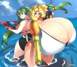 2girls big_breasts bikini breasts carlosgizza green_hair huge_breasts hyper_breasts izaro_(carlosgizza) multiple_girls thighs water_gun yellow_hair