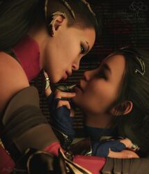 2girls 3d about_to_kiss black_hair clone close-up edenian eye_contact female female_focus female_only finger_in_mouth finger_under_chin fully_clothed hand_on_face hand_on_shoulder head_tilt imminent_kiss implied_incest incest intimate kissing kitana kiteena leaning_forward mileena mortal_kombat mortal_kombat_1_(2023) open_eyes open_mouth princess rayalterego23 royalty seductive seductive_look sisters taboo touching_face touching_lip yuri