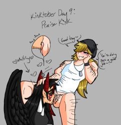 2boys bara black_beanie black_hair blonde_hair blue_eyes blush blush_lines c0de_blue cuntboy degrees_of_lewdity demon demon_boy demon_horns demon_wings gay gay_blowjob gay_sex good_boy hairy_legs hairy_male half-dressed half_naked harpy harpy_humanoid human human_on_humanoid humanoid humanoid_on_human intersex kinktober kinktober_2024 male no_pants player_character_(degrees_of_lewdity) praise praise_kink pussy red_streak smile smiling sucking sucking_clitoris sucking_off sunglasses whitney_(dol) yaoi zeke_(c0de_blue)