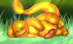 2016 absurd_res charmander erection hi_res looking_at_viewer lying male male_only nintendo nude penis pokémon_(species) pokemon smile solo video_games zestibone