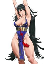 2024 bare_legs bare_shoulders black_hair blush breasts china_dress chinese_clothes chun-li cleavage cleavage_cutout clothing_cutout collarbone commentary dress erect_nipples_under_clothes female female_focus foot_out_of_frame groin highres large_breasts long_hair looking_at_viewer mature_female nipple_erection parted_lips pelvic_curtain red_lips shiny_skin simple_background sleeveless sleeveless_dress smile solo straight_hair street_fighter swept_bangs thick_thighs tsurime white_background wonbin_lee