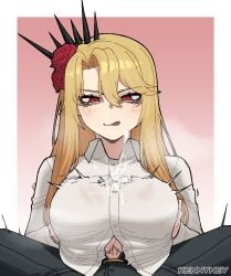 1girls artist_name big_breasts blonde_hair blush breasts censored censored_penis clothing cum cum_through_clothes don_quixote_(limbus_company) ejaculation ejaculation_between_breasts engulfing_paizuri female female_focus flower flower_in_hair hair_ornament k3nnyn3v large_breasts legwear licking_lips limbus_company long_hair male mosaic_censoring paizuri paizuri_lead_by_female paizuri_under_clothes pants penis pov project_moon red_eyes rose shirt smile steam straight titjob tongue unbuttoned upper_body