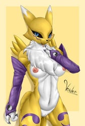 2016 absurd_res anthro armwear black_sclera blue_eyes breasts canine digimon facial_markings female fox fur furry furry_only hi_res looking_at_viewer mammal markings mostly_nude naked nipples nude open_mouth pussy pussy_juice renamon saliva simple_background slim solo teeth tongue tongue_out voider_(artist) white_fur yellow_background yellow_fur