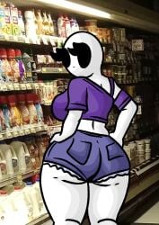 1girls ass bald bald_female black_eyes breasts chetoh claire_(chetoh) egg female female_focus female_only hand_on_hip jeans looking_at_viewer looking_back looking_back_at_viewer oc original original_character photo_background purple_shirt rear_view shirt shorts store white_body