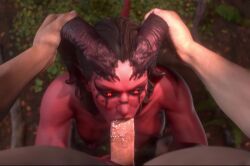 athletic_female baldur's_gate baldur's_gate_3 blowjob breasts demon_girl demon_horns forest glowing_eyes head_grab horns red_skin shulyque tagme tail tiefling video