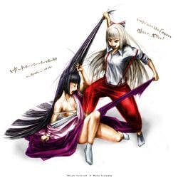 2girls bad_id bad_pixiv_id black_hair catfight fujiwara_no_mokou grabbing_another's_hair houraisan_kaguya japanese_clothes multiple_girls nobuya photoshop_(medium) red_eyes ribbon rivalry socks suspenders torn_clothes touhou translated white_hair