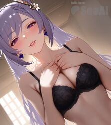 1girls ai_generated bra cleavage female genshin_impact half-closed_eyes indoors keqing_(genshin_impact) looking_at_viewer medium_breasts mihoyo parted_lips seductive seductive_look seductive_smile solo upper_body