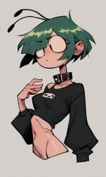 1girls ai_generated antennae baggy_clothing baggy_shirt black_shirt bob_cut bug_girl choker green_hair kafila_(kosine1777) kosine1777 long_sleeves original original_character out-of-frame_censoring petite short_hair skull small_breasts