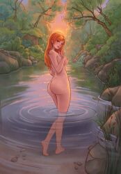 1girls art_trade babs_(blarghonator) beckoning brown_eyes freckles nude nude_female oc original original_character outdoor_nudity outdoors red_hair river rubyaxehound smile sunlight sunset the_city_of_reygarth