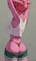 ai_generated artist_request ass ass_focus booty booty_shorts gyaru leopard leopard_print leopard_print_thong midriff mina_ashido my_hero_academia pink_body pink_skin sweat tagme transparent_shirt white_shirt