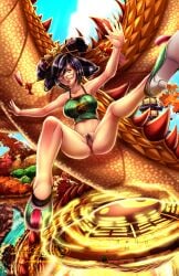 asian asian_mythology black_hair bottomless brown_eyes deadphoenx dragon embarrassed glasses glasses_askew hair_ornament hairpins high_heels large_breasts midair pubic_hair samurai_shodown shock shoes snk wardrobe_malfunction wu-ruixiang