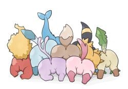 2023 ambiguous_gender anus ass bent_over big_butt black_tail blue_body blue_tail brown_body brown_tail digital_drawing_(artwork) digital_media_(artwork) eevee eeveelution espeon female feral flareon generation_1_pokemon generation_2_pokemon generation_4_pokemon generation_6_pokemon genitals glaceon green_tail group jolteon leafeon nintendo pink_body pink_tail pokemon pokemon_(species) presenting presenting_hindquarters purple_body purple_tail pussy raised_tail rear_view red_body simple_background sylveon tail thick_tail umbreon vaporeon white_background witchuus yellow_body