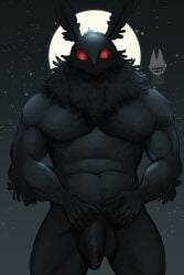 absurd_res antennae_(anatomy) black_body digital_drawing_(artwork) digital_media_(artwork) flaccid full_moon genitals hi_res male moon mothman muscular muscular_male night outside penis red_eyes solo standing teratophallia