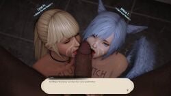 2girls after_rape blowjob blue_eyes blush body_writing captured cat_ears catgirl collaborative_fellatio cum cum_on_face dark-skinned_male defeated domination double_lick female femsub final_fantasy_xiv gpose(ffxiv) licking licking_penis lyse_hext male/female maledom maledom_caption meve_xiv miqo'te open_mouth oral penis rape sex_slave slave tagme teamwork this_is_your_life_now