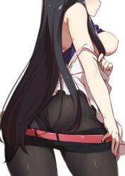 black_hair black_pantyhose blush breasts breasts_out closed_mouth clothes_pull eyes_out_of_frame female highres kakuchou_shoujo-kei_trinary kunimasa_ayami large_breasts long_hair morisobo nipples no_bra pantyhose pointy_chin simple_background solo white_background