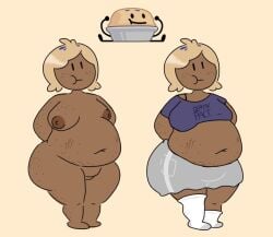 battle_for_dream_island big_breasts blue_shirt brown_skin chubby grey_skirt moonilade object_shows pie_(bfdi) socks tan_background tan_hair