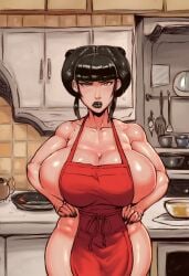 1girls ? ai_generated apron apron_only avatar_legends avatar_the_last_airbender big_breasts black_lipstick black_nail_polish black_nails breasts child_bearing_hips female fire_nation goth goth_girl gothic huge_breasts kitchen large_breasts mai_(avatar) male_pov naked_apron nickelodeon nicktoons noblewoman painted_nails raised_eyebrow red_apron sideboob thick_thighs thighhighs thighs wide_hips