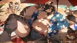 abs absurd_res anthro beach beard bulge claws clothing detailed_background detailed_bulge facial_hair felid finger_claws forgetch fur hair hi_res jockstrap male male_anthro mammal muscular muscular_anthro muscular_male nipples pantherine pecs shirt tiger topwear underwear