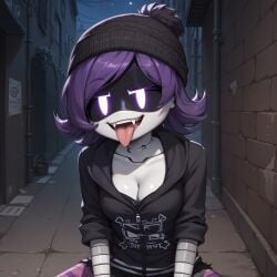 ai_generated alleyway beanie black_jacket breasts cleavage fangs female glowing_eyes hoodie jacket marusame murder_drones night open_mouth outdoors purple_eyes purple_hair robot_girl sitting solo stable_diffusion striped_thighhighs teeth thigh_socks tongue_out uzi_(murder_drones)