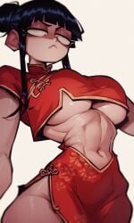 1girls ai_generated alternate_costume black_hair blunt_bangs china_dress chinese_clothes ching_shih_(kosine1777) exposed_belly exposed_stomach exposed_thigh hair_buns kosine1777 large_breasts original original_character red_dress underboob valbun_style viewed_from_below