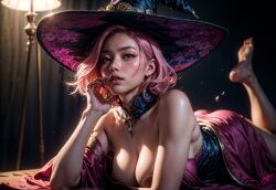 ai_generated beauty_mark big_breasts brown_eyes choker cleavage clothed non-nude pink_hair sexy_pose shiny_skin silk spark_star temptation witch witch_hat