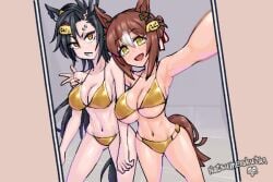 2girls air_shakur_(umamusume) big_breasts bikini black_body brown_hair cleavage eyebrow_piercing female female_only fine_motion_(umamusume) gold_bikini hair_bun hair_ornament horse_ears horse_girl horse_tail huge_breasts kagikakkope long_hair looking_at_viewer pompompurin selfie smile umamusume umamusume_pretty_derby underboob very_long_hair yellow_eyes
