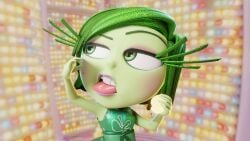 dangling disgust_(inside_out) disney giantess green_hair green_skin imminent_vore inside_out inside_out_2 legeante macrophilia minigirl pixar shrunken_woman size_difference size_play solo_female swallowed_whole unwilling_prey vore