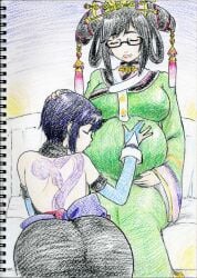 1futa 1girls better_version_at_source black_hair blue_eyes blue_hair brown_eyes duo female futanari glasses hand_on_head happy headpat heterochromia implied_futanari kissing_stomach large_breasts love pixiv_manga_sample pixiv_sample pregnant ready_to_pop red_eyes samurai_shodown shiki_(samurai_shodown) smile smiling snk tattoo tnietuitta traditional_media_(artwork) wu-ruixiang