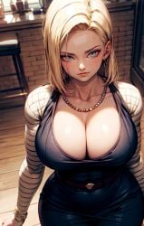 ai_generated android_18 belt big_breasts blonde_hair blue_eyes breasts dragon_ball dragon_ball_z dress fbps35 narrow_waist necklace neckline short_hair