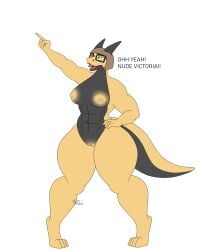 anthro ass big_butt breasts dialogue eyewear female flat_colors glasses green_eyes hair hand_on_butt hi_res kobold muscular muscular_anthro muscular_female nipples nude photolol.03 reptile scalie short_hair simple_background solo text thick_thighs victoria(photolol.03) wide_hips yellow_body