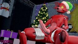 3d_(artwork) 5_fingers absurd_res animal_genitalia animal_penis animatronic anthro balls black_eyebrows black_nose canid canine canine_genitalia canine_penis christmas christmas_tree clothing digital_media_(artwork) door english_text eye_patch eyebrows eyewear fingers five_nights_at_freddy's fox foxy_(fnaf) genitals gift hat headgear headwear hi_res holidays hook hook_hand inside knot looking_at_viewer machine male mammal nipples penis pink_penis plant red_balls red_body red_nipples robot scottgames sitting snowman solo tade48 text tree yellow_eyes