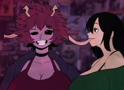 2girls big_breasts black_hair black_sclera breasts choker clenched_teeth clothing coat ear_penetration eyes_rolling_back female female_only frog_girl fully_clothed gayplantsex horns huge_breasts long_hair long_tongue mina_ashido mindfuck my_hero_academia narrowed_eyes neckwear pink_body pink_hair pink_skin pleasure_face short_hair shounen_jump skull_flossing tagme tongue tongue_fucking tongue_in_ear tongue_out tsuyu_asui wet_willy yellow_eyes yuri