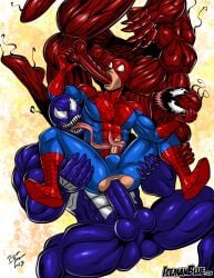 3boys anal anal_penetration anal_sex anus ass big_dom_small_sub blowjob carnage_(marvel) fellatio gay grabbing_balls grabbing_legs group icemanblue male male_only marvel marvel_comics masked_male muscular muscular_males peter_parker ripped_clothing spider-man spider-man_(series) sucking_penis threesome tongue_out tonguing venom_(marvel)