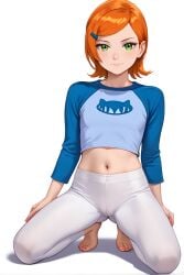 1girls ai_generated ben_10 cameltoe cartoon_network female_focus flat_chest green_eyes gwen_tennyson orange_hair short_hair simple_background spread_legs white_background