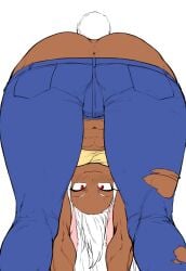 abs animal_ears anus anus_peek artist_collaboration ass bent_over blue_pants blush boku_no_hero_academia booty colorized dark-skinned_female dark_skin embarrassed english_commentary female highres long_eyelashes long_hair looking_at_viewer mirko mirkosimps miruko navel pants parallaxfused rabbit_ears rabbit_girl rabbit_tail rumi_usagiyama simple_background solo sweat tail thick_thighs thighs toned_female torn_clothes torn_pants wavy_mouth white_background white_hair