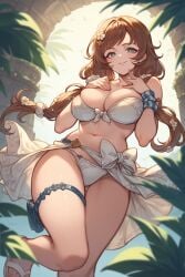 bikini blue_eyes brown_hair female granblue_fantasy hands_on_breasts large_breasts low_twintails pale-skinned_female raziel_(granblue_fantasy) smile smiley_face thick_thighs twintails white_bikini