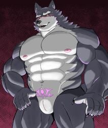 abs animal_genitalia anthro blush canid canine canis clawed_fingers fur genital_slit genitals grey_body grey_fur male mammal muscular muscular_male n_hieshow pecs pubic_tattoo solo white_body white_fur wolf