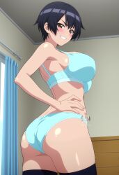 1girls ai_generated aki_kokonoe arisato_yu ass big_breasts black_hair blue_underwear blush bra breasts female female_only full_back_panties light-skinned_female looking_at_viewer looking_back modaete_yo,_adamu-kun panties short_hair solo thick_thighs thighhighs underwear