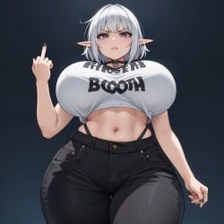 ai_generated angry_face big_ass big_breasts emo jeans middle_finger short_shirt wide_hips