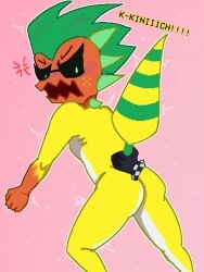 2024 ajaw_(genshin_impact) anger_vein angry anthro anthrofied ass big_ass big_butt blush embarrassed english_text femboy furry genshin_impact grabbing_tail jembbrowm kinich_(genshin_impact) male male_only pink_background pixel_art simple_background sunglasses text yellow_scales yellow_skin