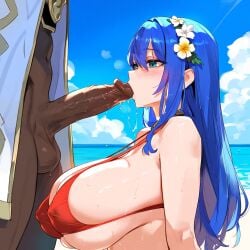 ai_generated big_breasts blowjob blue_hair caeda_(summer)_(fire_emblem) cheating_wife dark-skinned_male fire_emblem fire_emblem_heroes kiran_(fire_emblem)_(male) ntr sucking sucking_penis