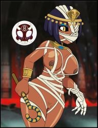 8ball9615 bandages big_breasts black_sclera dark-skinned_female dark_nipples egyptian_female eliza_(skullgirls) jewelry mummy_costume nipple_piercing nipple_slip pussy skullgirls slit_pupils yellow_eyes