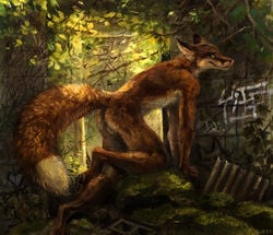 1boy 2016 all_fours anthro ass backsack balls black_eyes brown_body brown_fur canine digital_painting_(artwork) fox fur graffiti green_sclera heart kenket licking licking_lips looking_back male male_only mammal moss nude orange_body orange_fur pawpads pointy_ears presenting presenting_hindquarters raised_tail red_fox ruins side_view smile solo suggestive tongue tongue_out vines white_fur