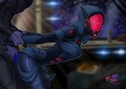 alien_girl ass blue_penis commission commissioner_upload glowing_eyes helmet holding_arms holding_arms_back hood jesterdk mass_effect original_character penetration penis quarian side_view skintight_bodysuit text turian