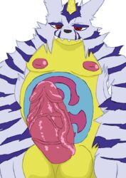 balls belly big_balls big_belly big_nipples chin digimon ekataraf ekatarafu erection eyebrows fur fur_pattern gabumon grey_fur hi_res horn humanoid_penis hyper hyper_penis looking_at_viewer male male_nipples male_only masked moobs nipples pattern paws penis pointy_ears purple_stripes red_eyes reptile scalie sharp_teeth slightly_chubby smile solo stripes symbol teeth vein yellow_skin エカタラフ