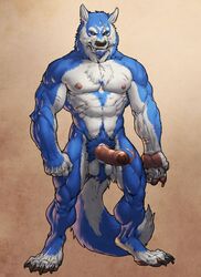 1boy abs absurd_res anthro ball_tuft balls ballsack beefy black_nose blue_fur body_fur canine chest_tuft claws countershading digitigrade erection eye_scar facial_scar fangs fluffy_tail foreskin foreskin_folds forge_(artist) full-length_portrait full_length hi_res hybrid_penis intact knot knotted_humanoid_penis kougatalbain looking_at_viewer male male_nipples male_only male_pubic_hair mammal masculine mature_male muscles muscular_male nude_male orange_eyes partially_retracted_foreskin pawpads paws pecs penis pinup portrait pose pubes pubic scar scars scrotum simple_background smooth_penis solo standing testicles textured_background thewielder tuft uncut were werewolf white_fur wolf