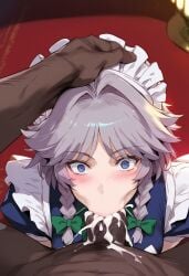 1boy 1girls ai_generated blue_eyes cum cum_in_mouth dark-skinned_male fellatio female female_focus izayoi_sakuya light-skinned_female maid maid_headdress mature_female sakuya_izayoi touhou white_hair