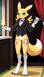 1girls 2024 ai_generated anthro black_sclera blue_eyes bottomless bottomless_female digimon digimon_(species) digitigrade female female_only fire hi_res holding_object indoors innie_pussy looking_at_viewer magician pussy renamon smile white_fur yellow_fur